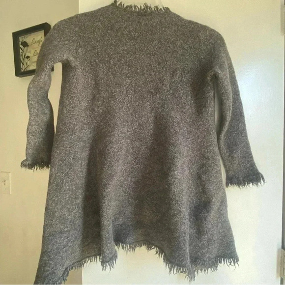 J. Jill Merino Wool Gray cardigan sweater Size L Fringe Hem Open Front Cozy - Picture 5 of 6